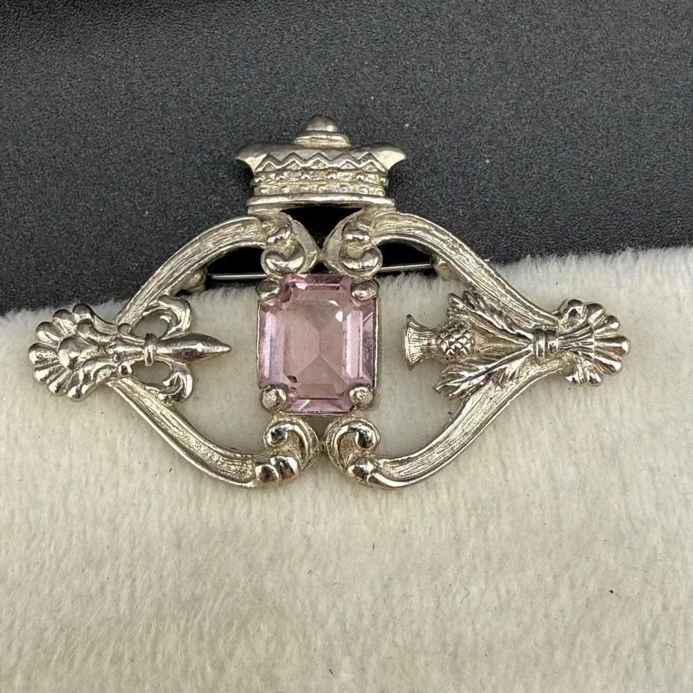 Vintage Scottish Luckenbooth Brooch Rhinestone Thistle Celtic Silver Tone